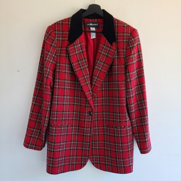 Vintage Red Plaid Blazer Tag sz 14 Velvet Collar Boyfriend 1 Button Christmas - Picture 2 of 9